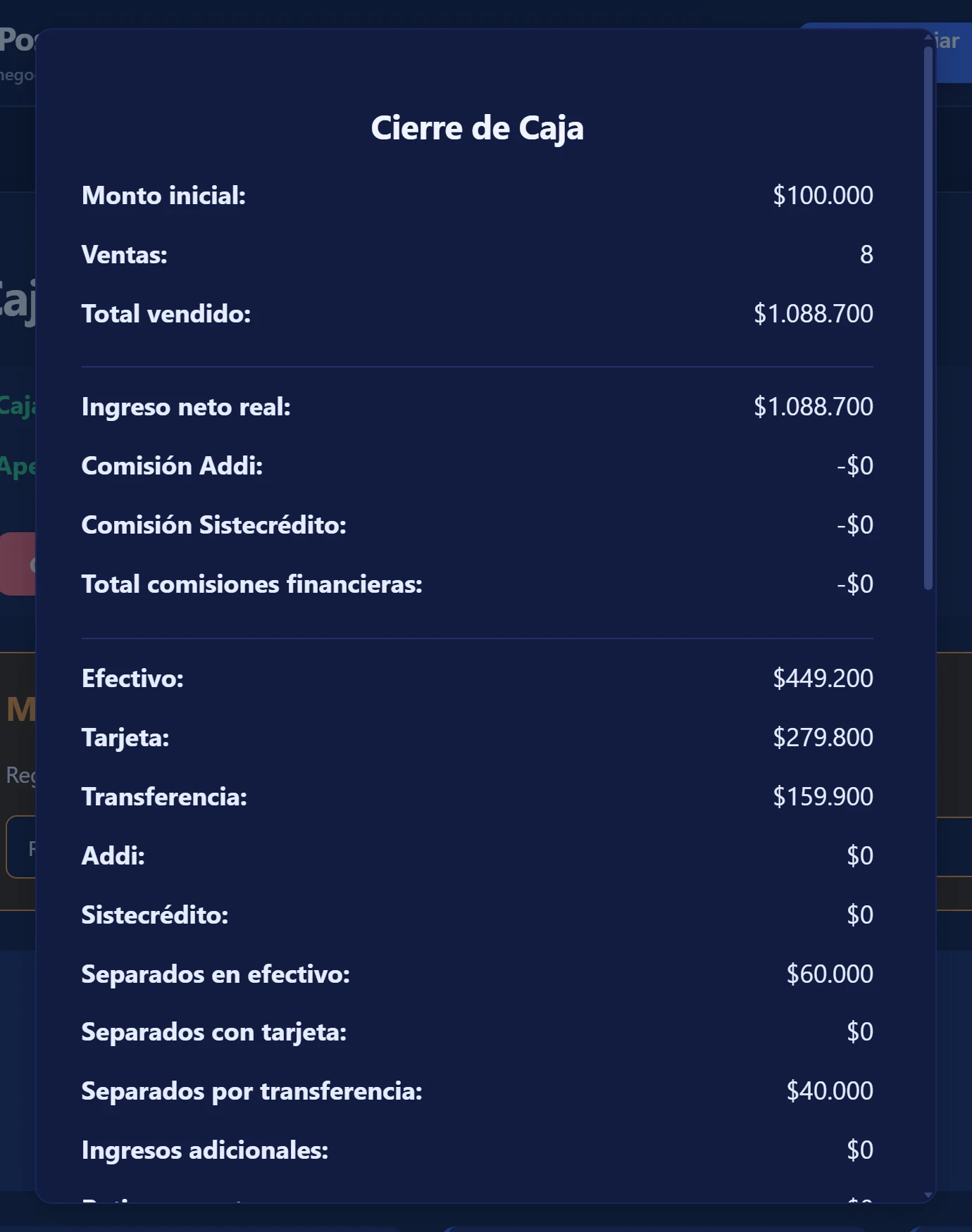 Ventana Cierre de Caja con el resumen del día por forma de pago.