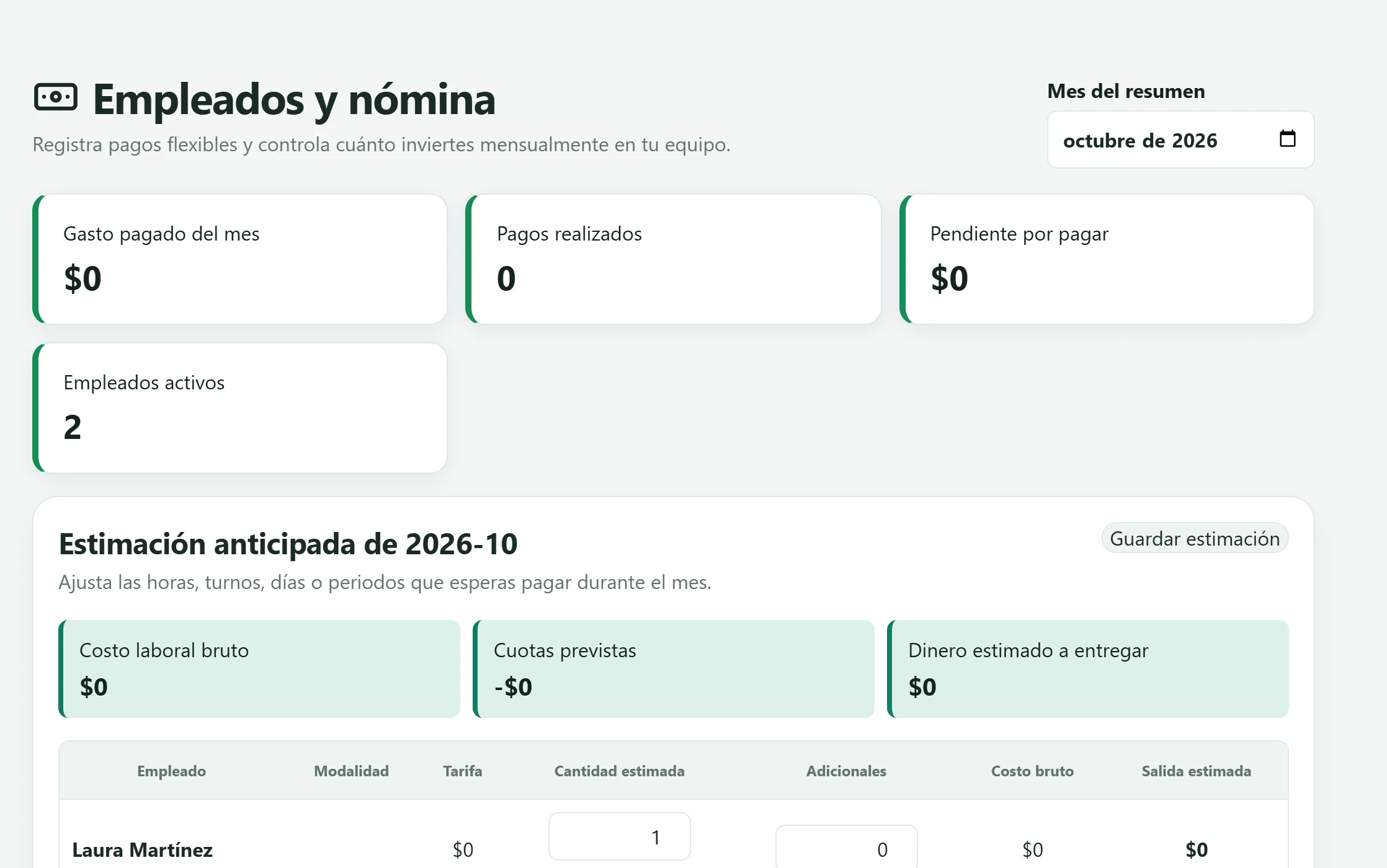 Pantalla Empleados y nómina con el gasto del mes, el pendiente por pagar y la estimación anticipada por empleado.
