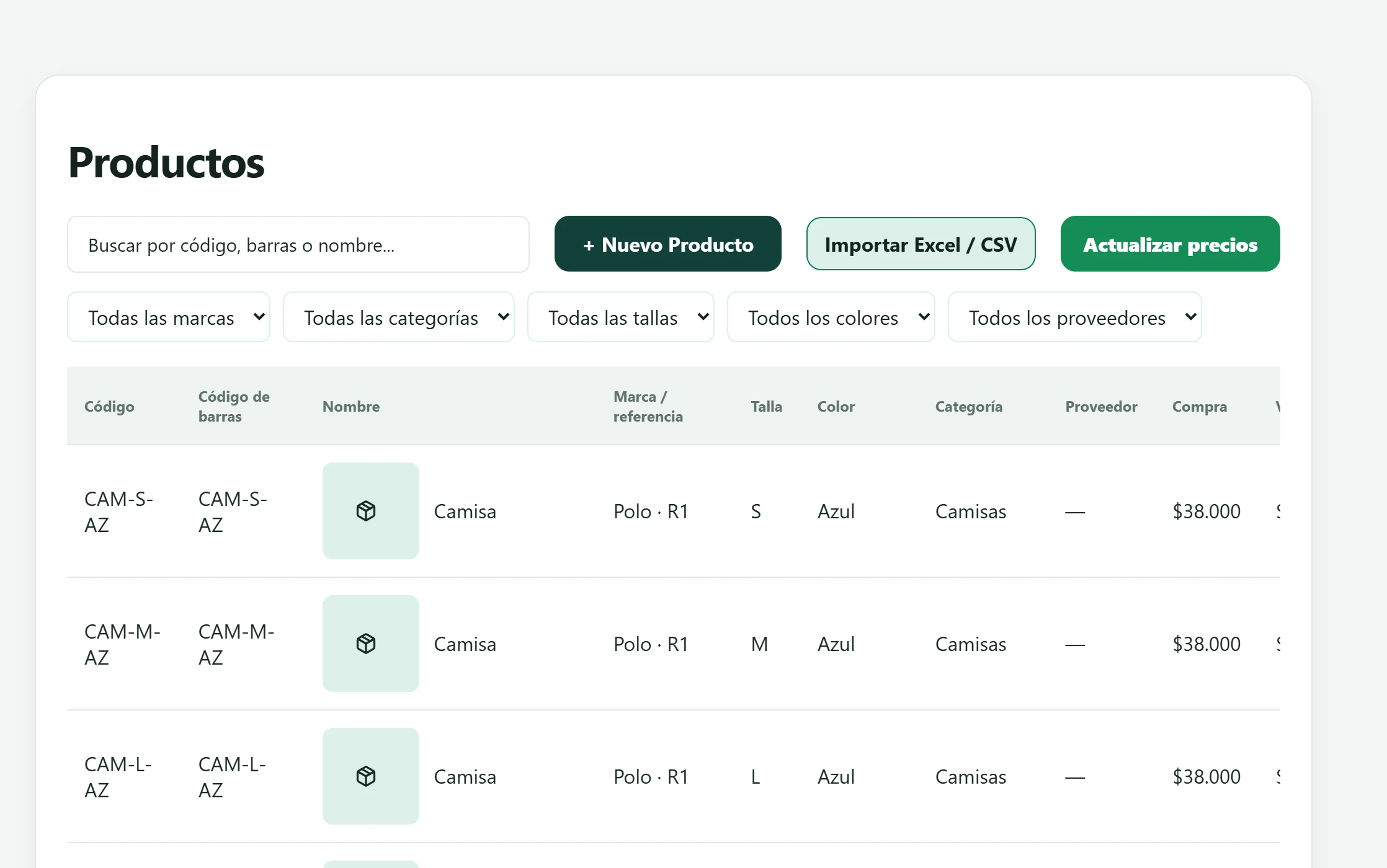 Pantalla Productos con buscador, filtros por marca, categoría, talla y color, y una tabla de camisas por talla.