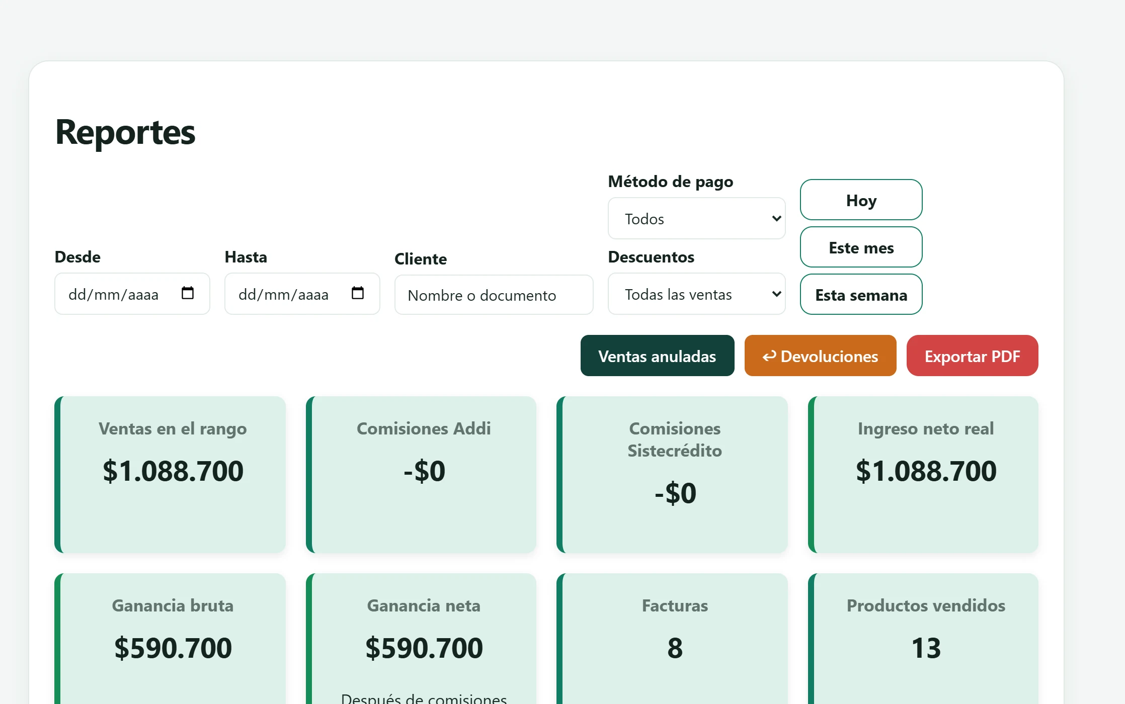 Pantalla Reportes con filtros de fechas y tarjetas de ventas, ganancia bruta, ganancia neta, facturas y productos vendidos.