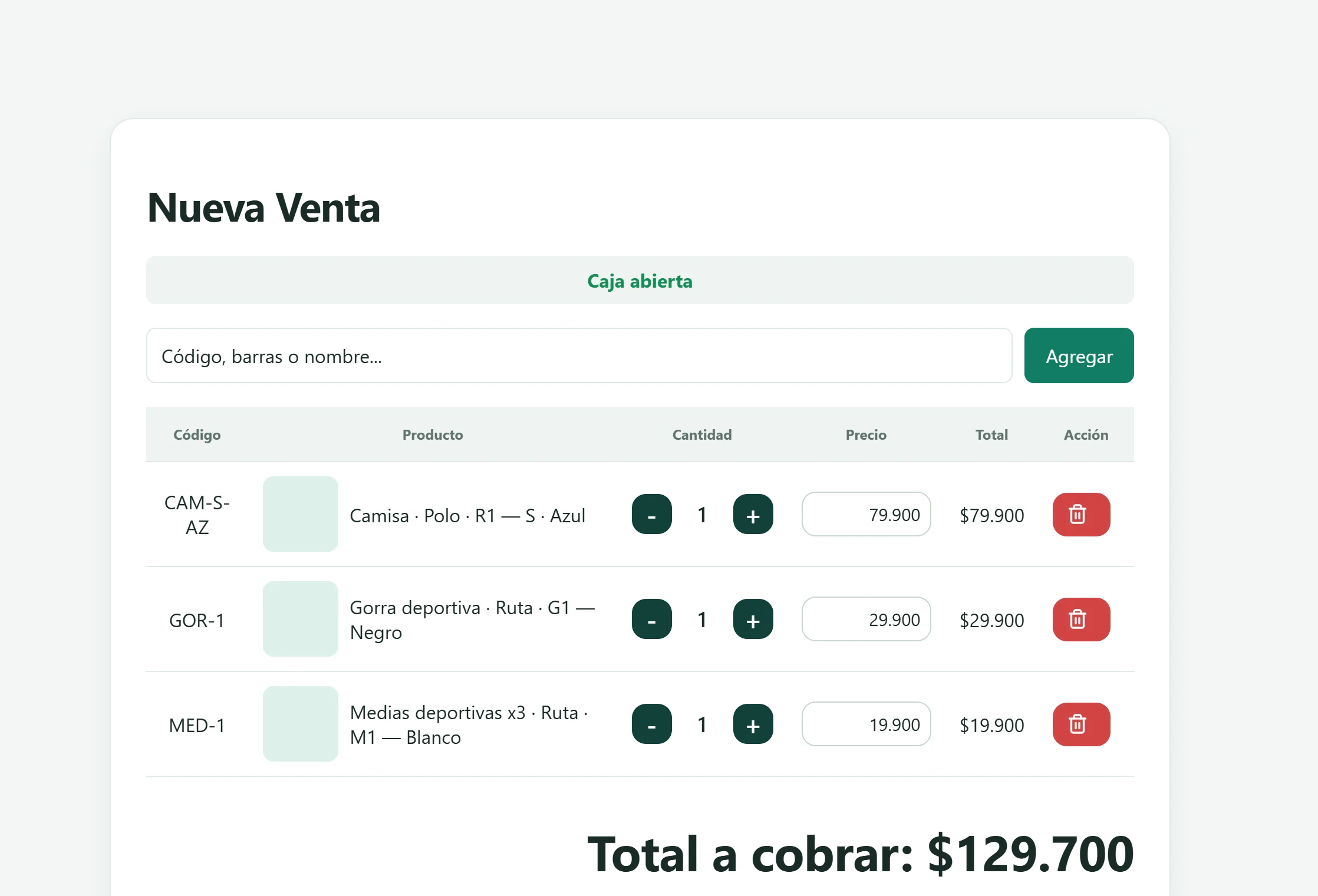 Pantalla Nueva Venta de ConvenPos con un carrito de tres productos y un total a cobrar de 129.700 pesos.